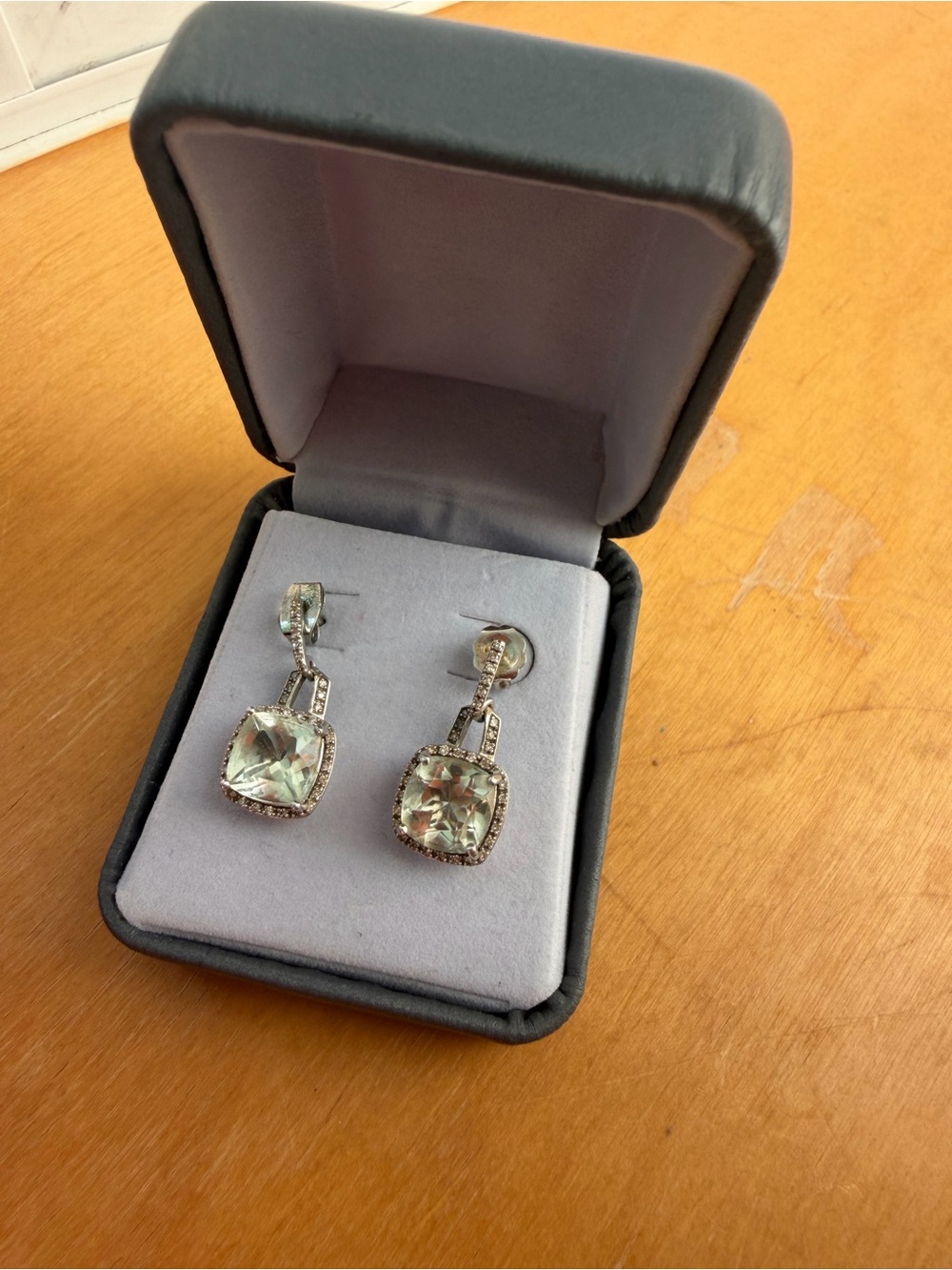 Green Crystal Drop Earrings with Halo Accents